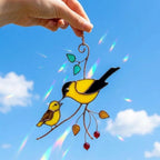 Goldfinch Stained Glass Suncatcher | Mom and Baby Yellow Bird Art | Mother's Day Gift for Mom | Spring Window Decor | Bird Watcher Gift