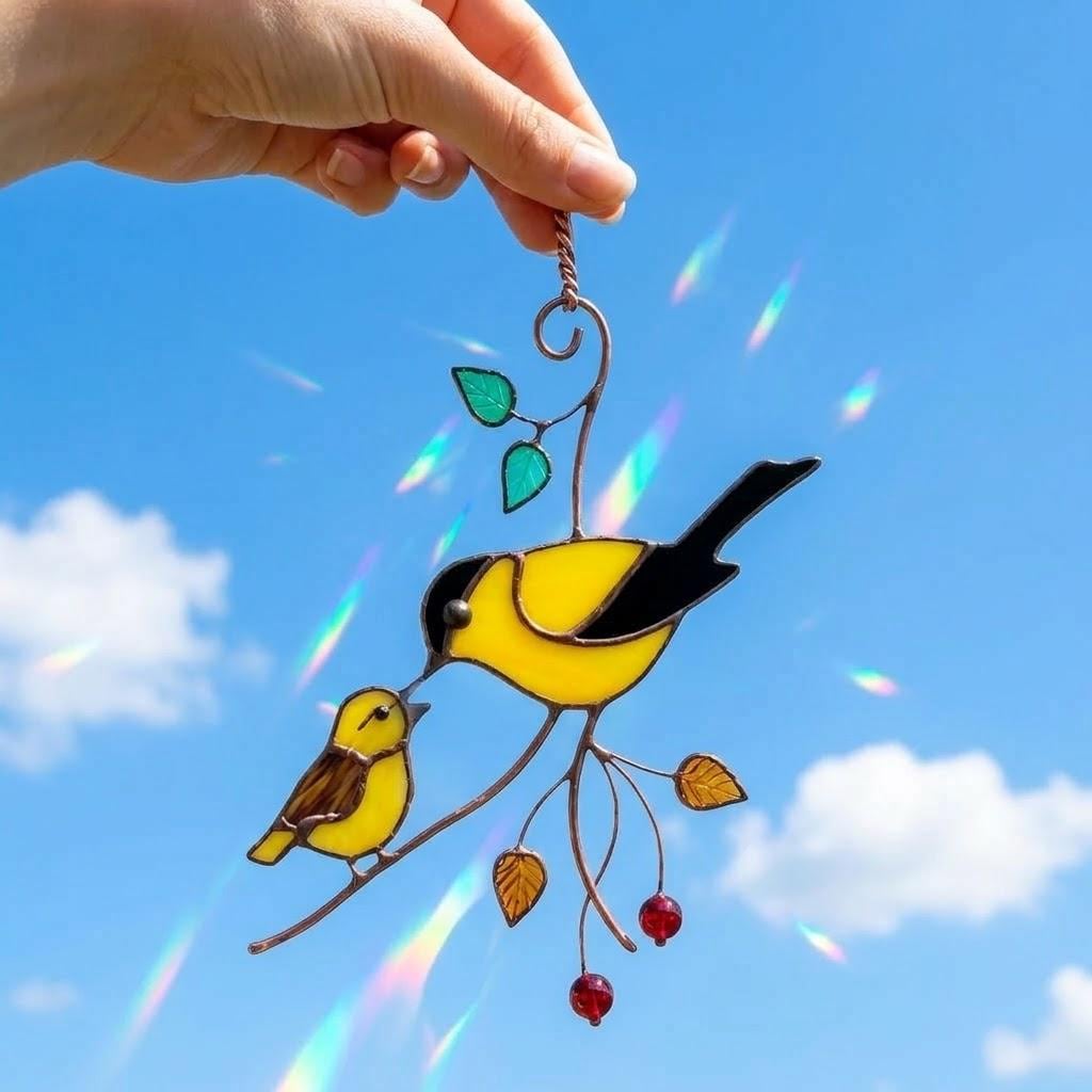Goldfinch Stained Glass Suncatcher | Mom and Baby Yellow Bird Art | Mother's Day Gift for Mom | Spring Window Decor | Bird Watcher Gift