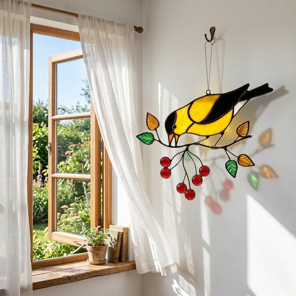 Goldfinch Stained Glass Suncatcher | Mom and Baby Yellow Bird Art | Mother's Day Gift for Mom | Spring Window Decor | Bird Watcher Gift