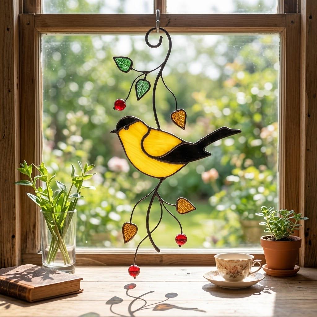 Goldfinch Stained Glass Suncatcher | Mom and Baby Yellow Bird Art | Mother's Day Gift for Mom | Spring Window Decor | Bird Watcher Gift