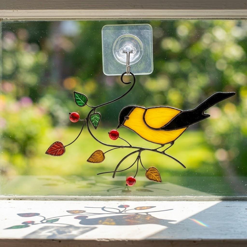 Goldfinch Stained Glass Suncatcher | Mom and Baby Yellow Bird Art | Mother's Day Gift for Mom | Spring Window Decor | Bird Watcher Gift