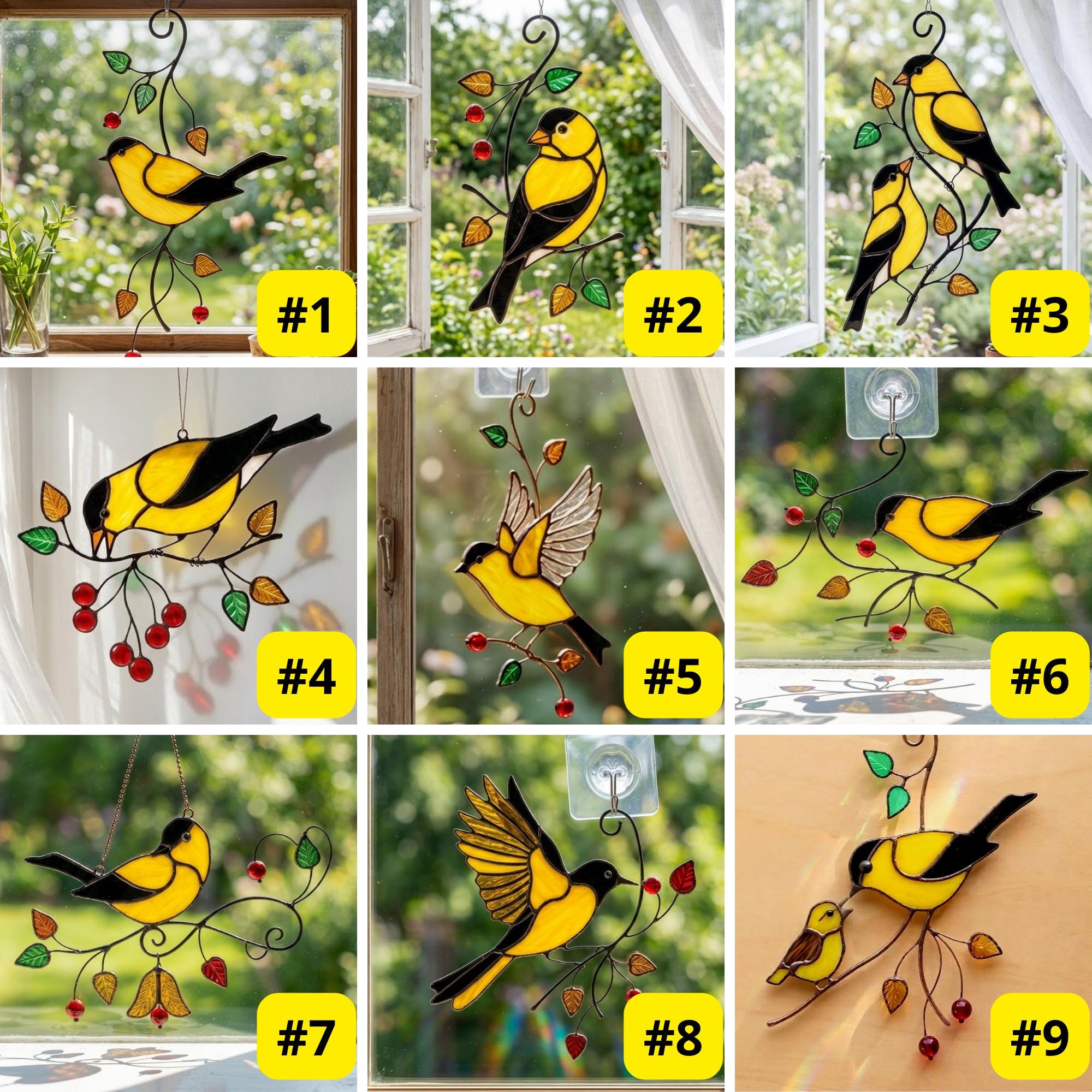 Goldfinch Stained Glass Suncatcher | Mom and Baby Yellow Bird Art | Mother's Day Gift for Mom | Spring Window Decor | Bird Watcher Gift