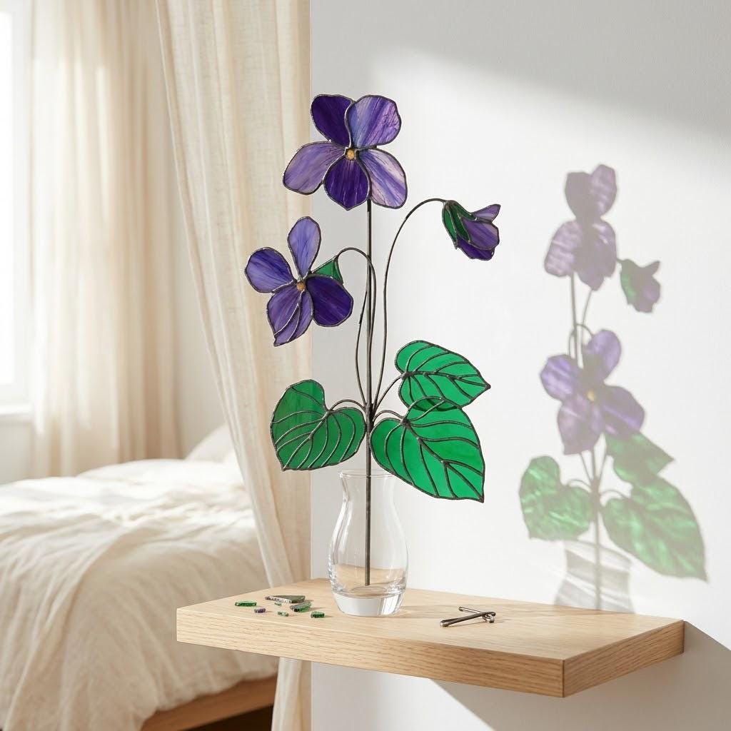 Handmade 3D purple violet stained glass flower casting vibrant colored shadows, available with a custom engraved wooden base or standalone for vase display, perfect for personalized Mother's Day gift and February birth flower desk decor.