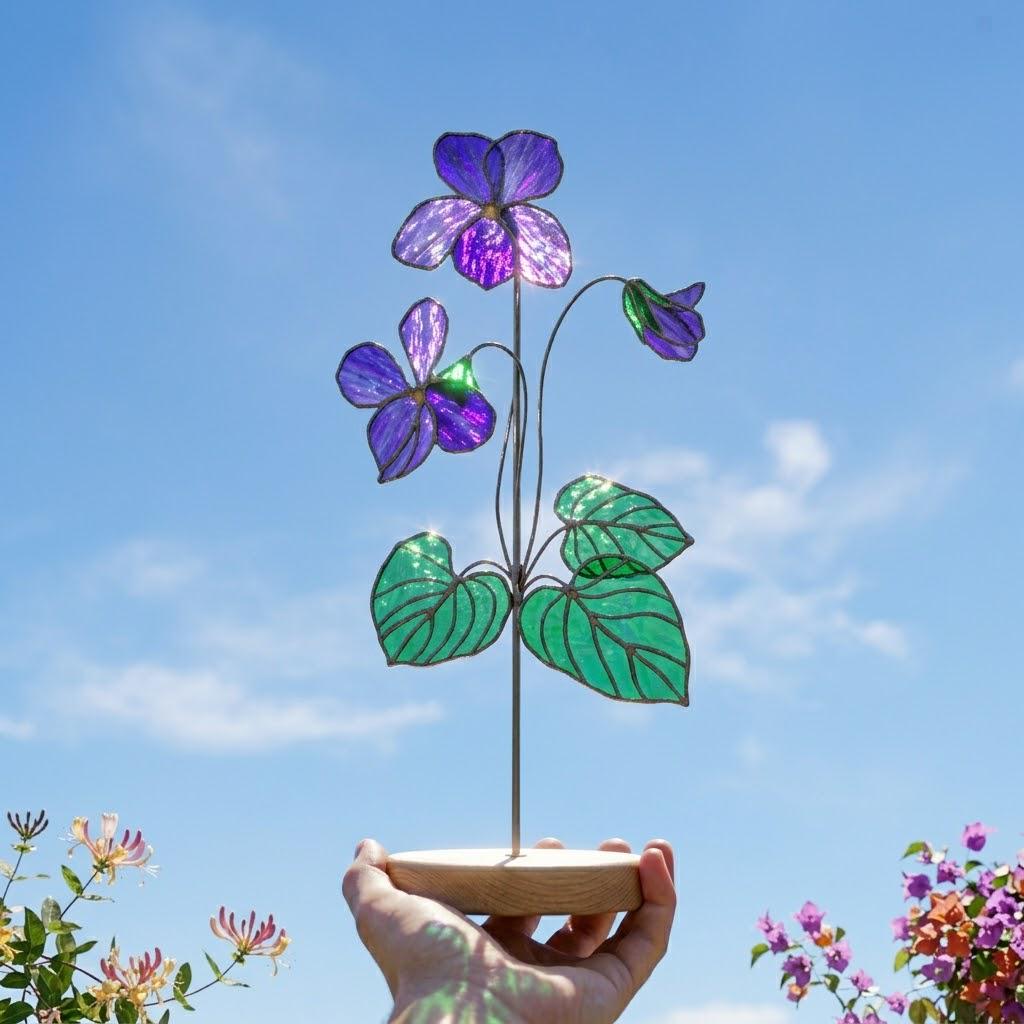 Handmade 3D purple violet stained glass flower casting vibrant colored shadows, available with a custom engraved wooden base or standalone for vase display, perfect for personalized Mother's Day gift and February birth flower desk decor.