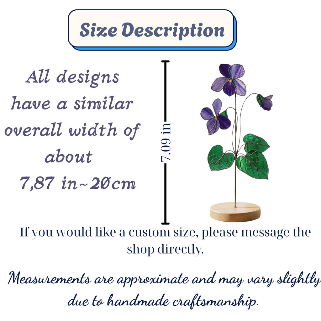Handmade 3D purple violet stained glass flower casting vibrant colored shadows, available with a custom engraved wooden base or standalone for vase display, perfect for personalized Mother's Day gift and February birth flower desk decor.
