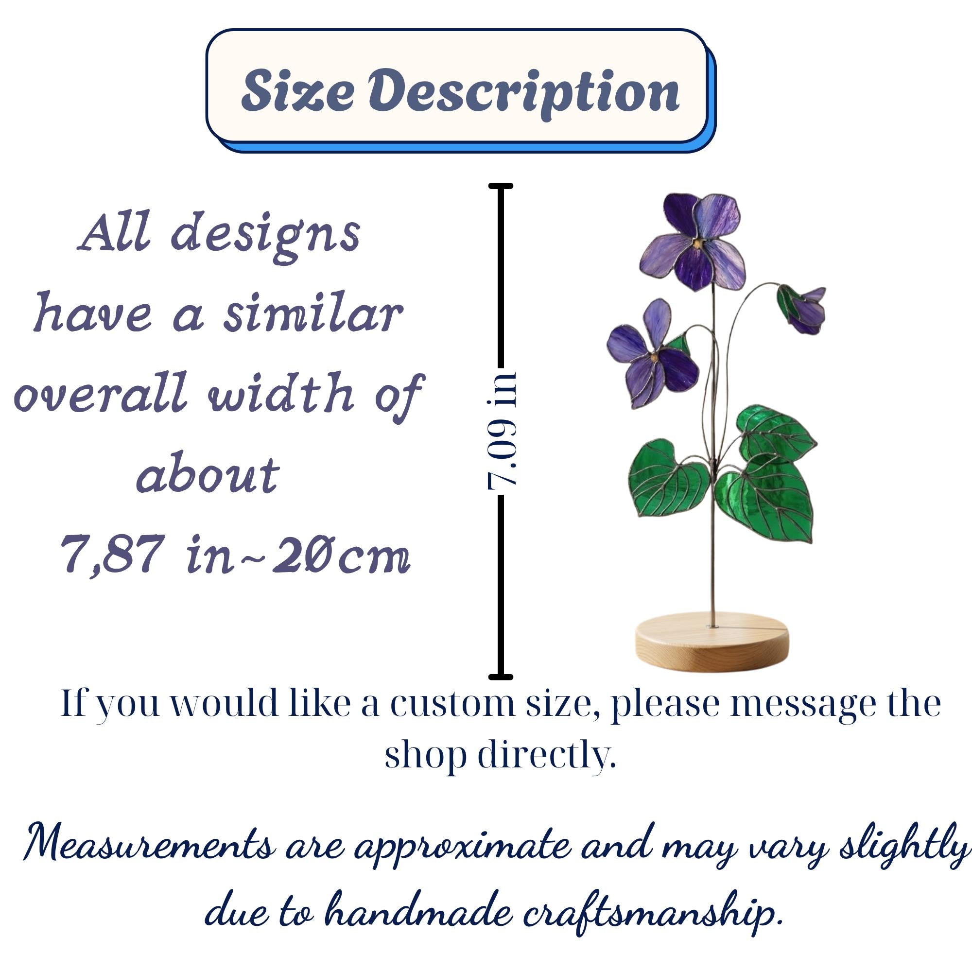 Handmade 3D purple violet stained glass flower casting vibrant colored shadows, available with a custom engraved wooden base or standalone for vase display, perfect for personalized Mother's Day gift and February birth flower desk decor.
