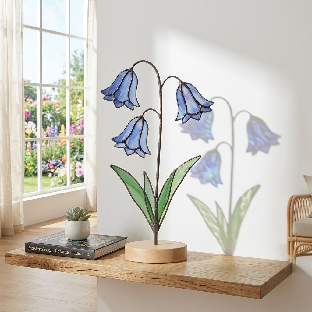 April Birth Flower Bluebell Stained Glass | Personalized Mother's Day Gift | Custom Engraved Wood Base | Botanical Spring Wildflower Decor