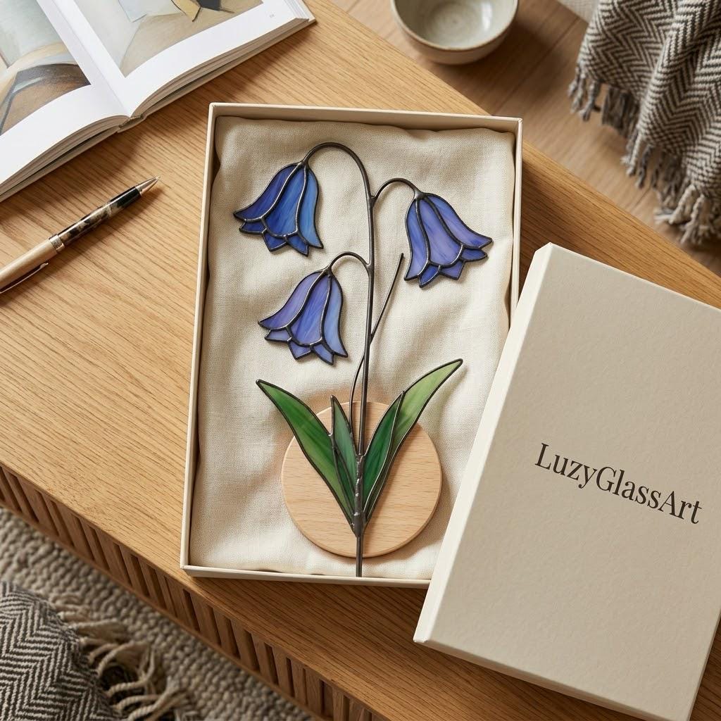April Birth Flower Bluebell Stained Glass | Personalized Mother's Day Gift | Custom Engraved Wood Base | Botanical Spring Wildflower Decor