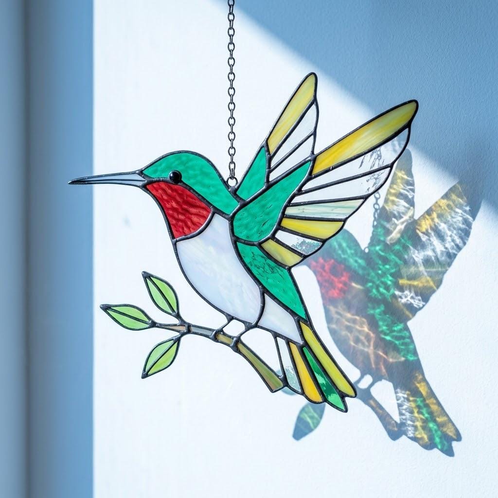 Handmade stained glass flying hummingbird and red flower hoop suncatcher, vibrant spring window hanging and memorial sympathy gift for mom.