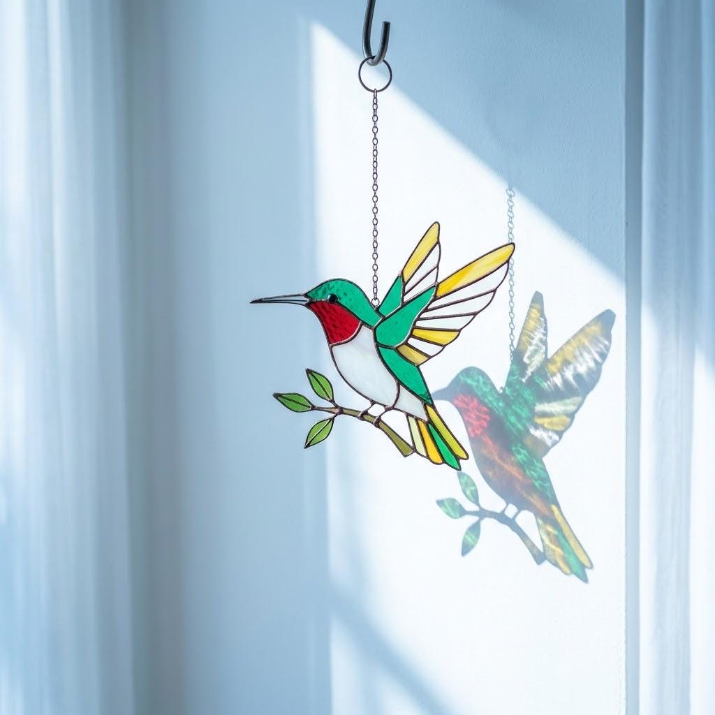 Handmade stained glass flying hummingbird and red flower hoop suncatcher, vibrant spring window hanging and memorial sympathy gift for mom.