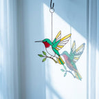 Handmade stained glass flying hummingbird and red flower hoop suncatcher, vibrant spring window hanging and memorial sympathy gift for mom.