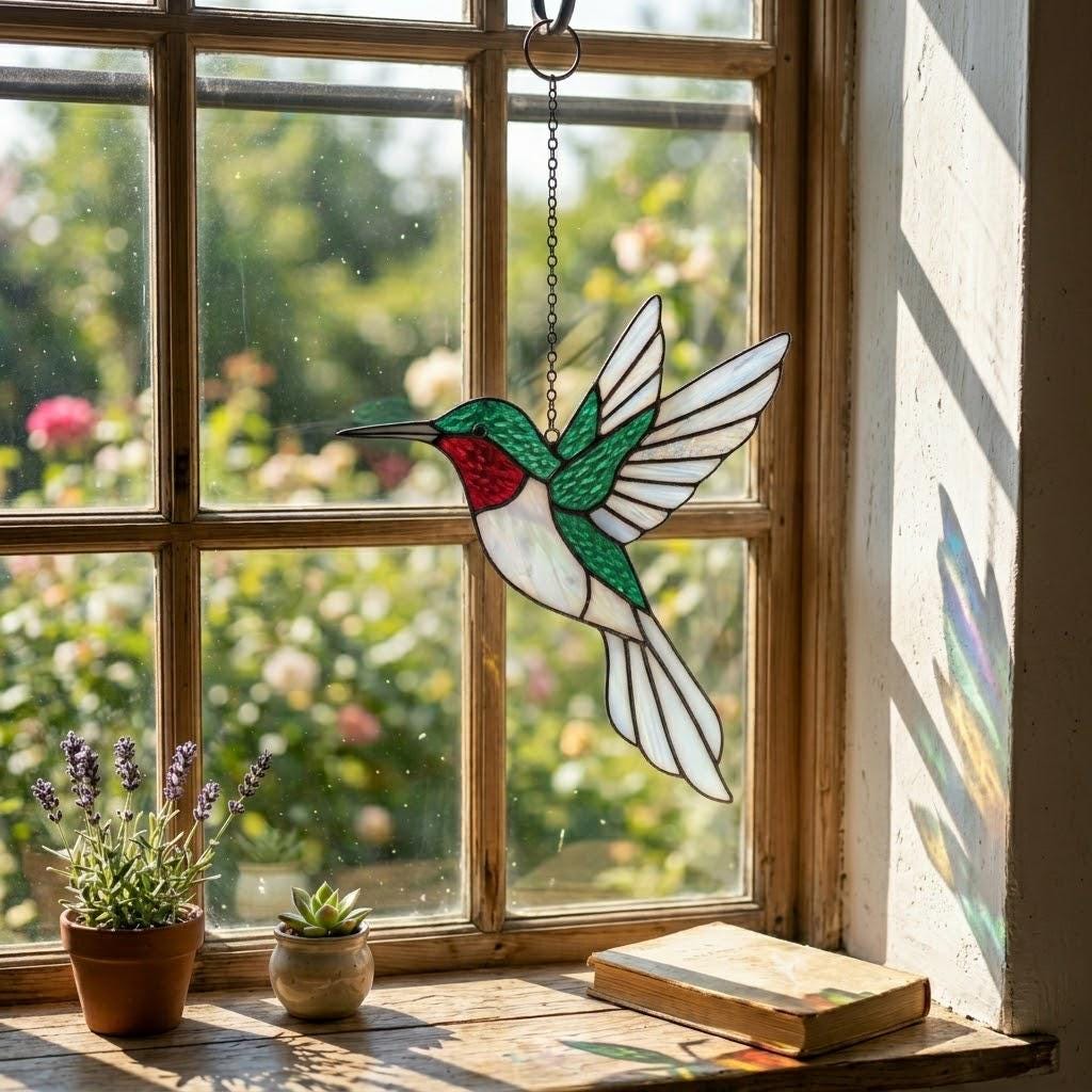 Handmade stained glass flying hummingbird and red flower hoop suncatcher, vibrant spring window hanging and memorial sympathy gift for mom.