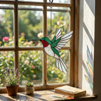 Handmade stained glass flying hummingbird and red flower hoop suncatcher, vibrant spring window hanging and memorial sympathy gift for mom.