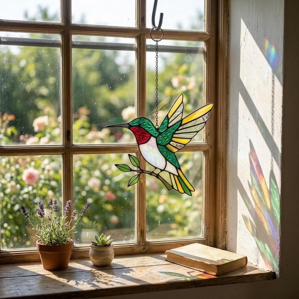 Handmade stained glass flying hummingbird and red flower hoop suncatcher, vibrant spring window hanging and memorial sympathy gift for mom.