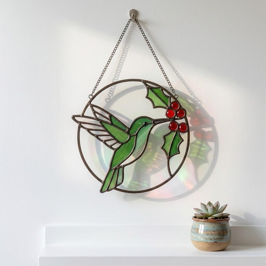 Handmade stained glass green hummingbird suncatcher window hanging, premium spring nature decor and mother's day gift packaged in luxury velvet box.