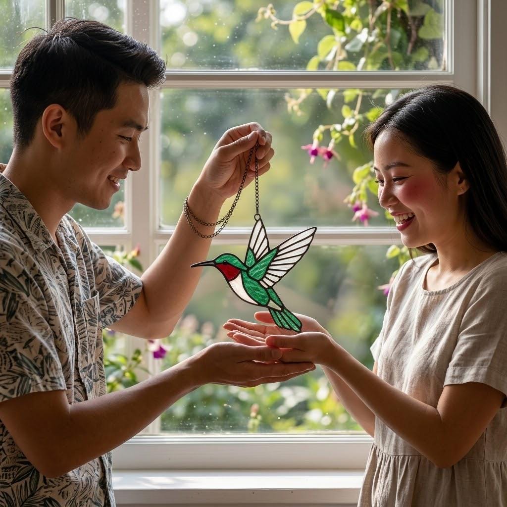 Handmade stained glass green hummingbird suncatcher window hanging, premium spring nature decor and mother's day gift packaged in luxury velvet box.
