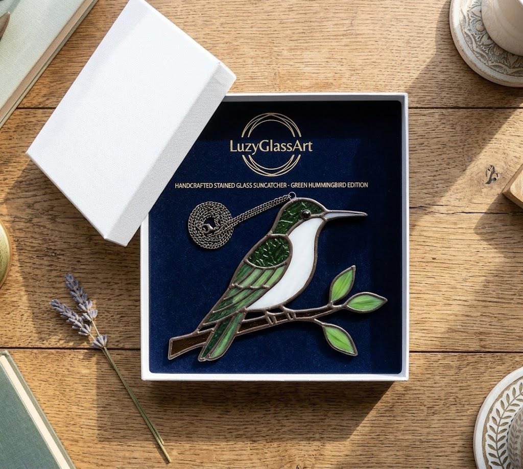 Handmade stained glass green hummingbird suncatcher window hanging, premium spring nature decor and mother's day gift packaged in luxury velvet box.