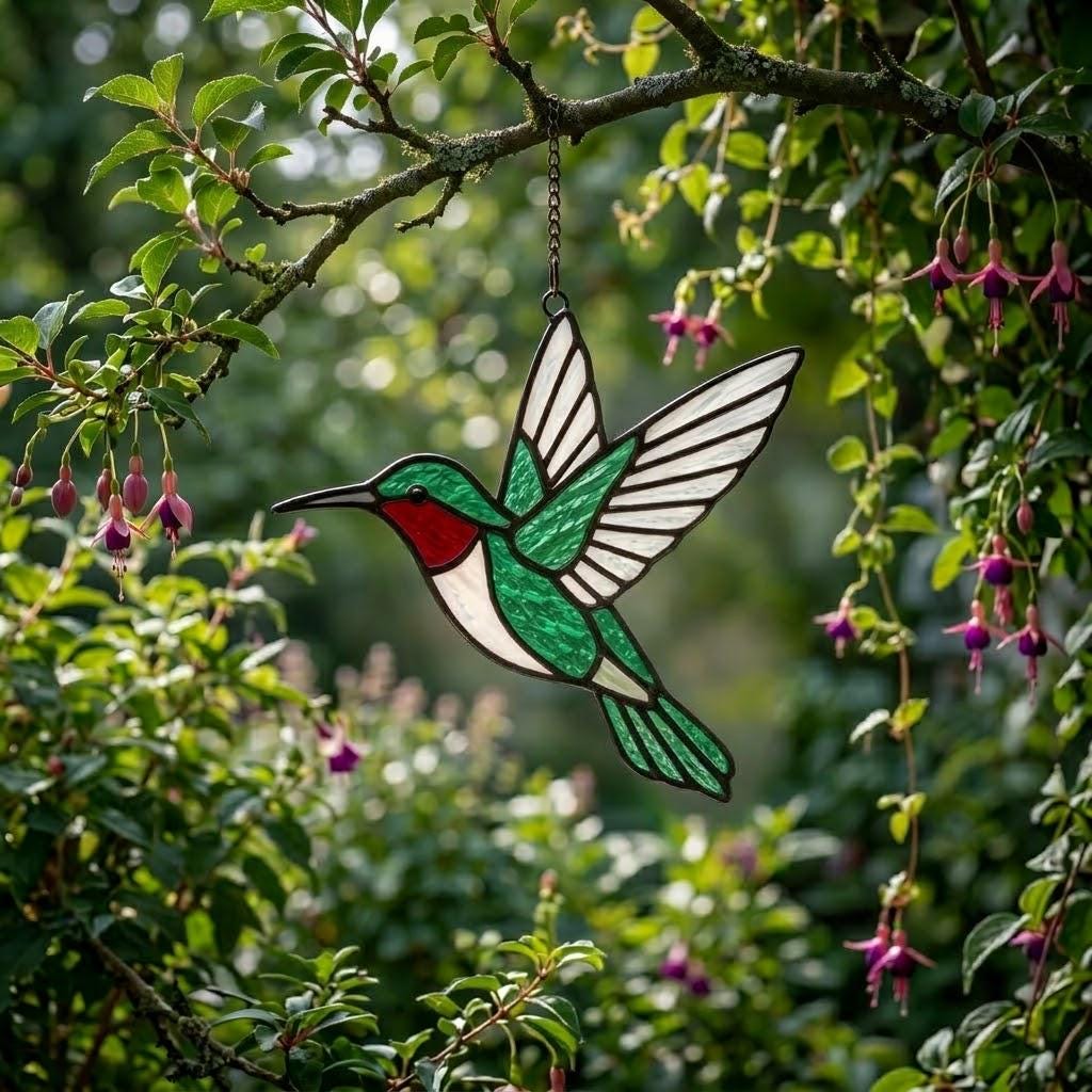 Handmade stained glass green hummingbird suncatcher window hanging, premium spring nature decor and mother's day gift packaged in luxury velvet box.