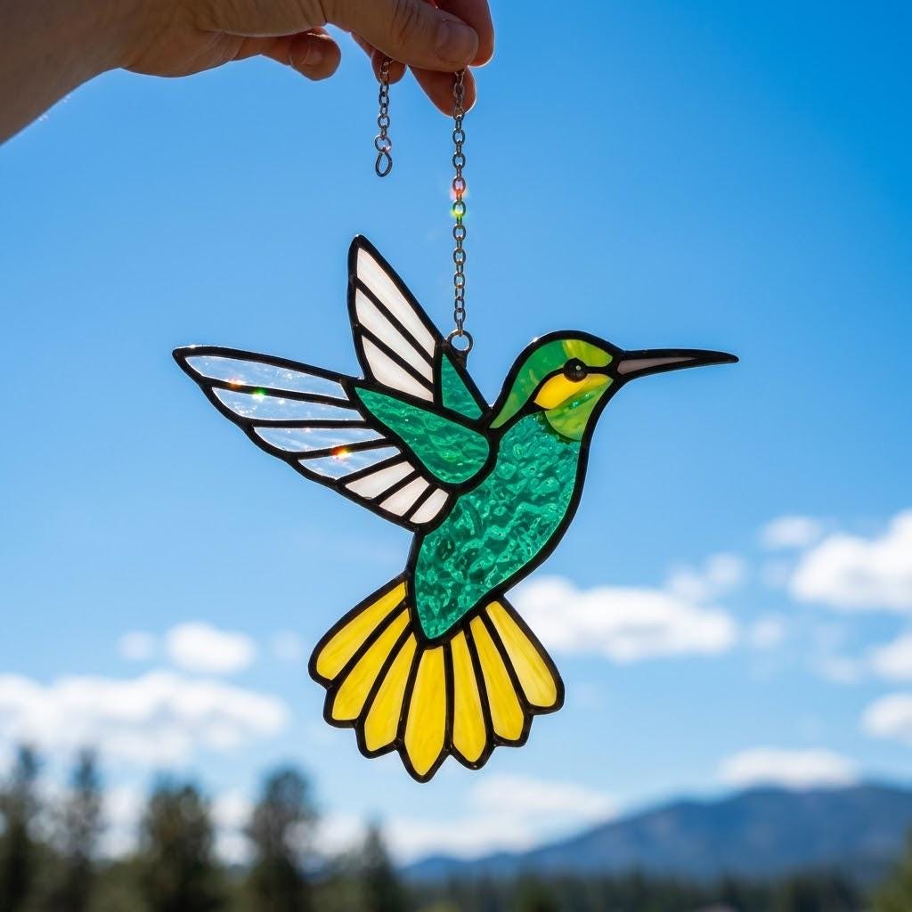 Handmade stained glass green hummingbird suncatcher window hanging, premium spring nature decor and mother's day gift packaged in luxury velvet box.