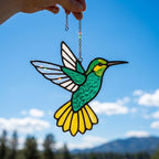 Handmade stained glass green hummingbird suncatcher window hanging, premium spring nature decor and mother's day gift packaged in luxury velvet box.