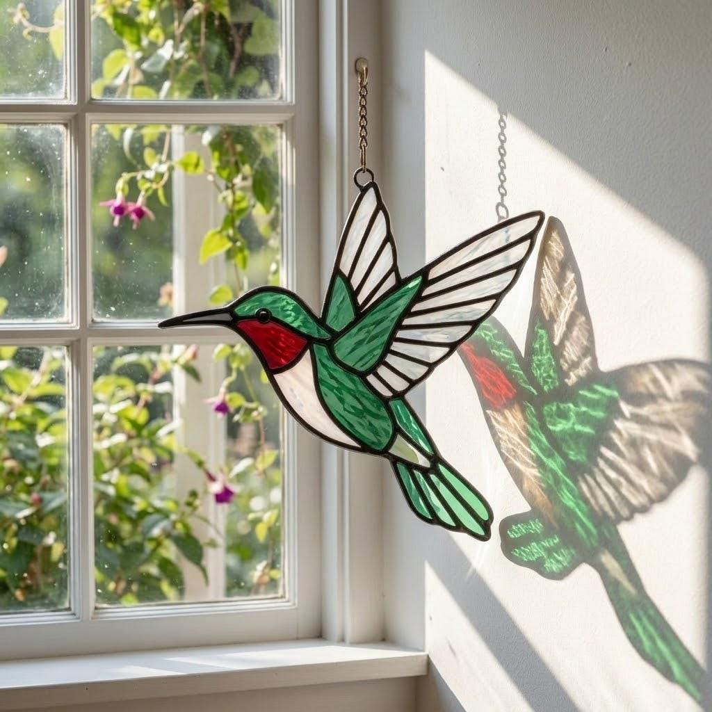 Handmade stained glass green hummingbird suncatcher window hanging, premium spring nature decor and mother's day gift packaged in luxury velvet box.