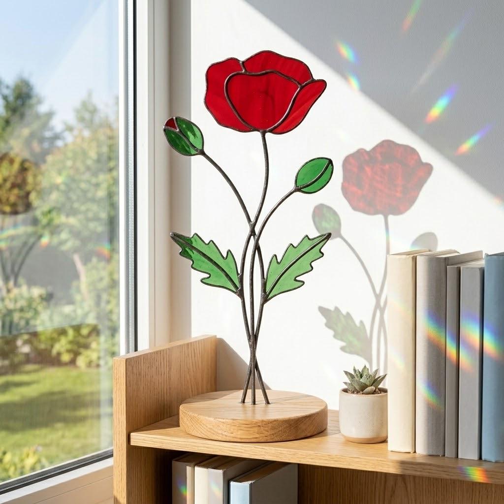 August Birth Flower Red Poppy Stained Glass Personalized Mother's Day Gift Custom Engraved Wood Base Remembrance Floral Window Decor.