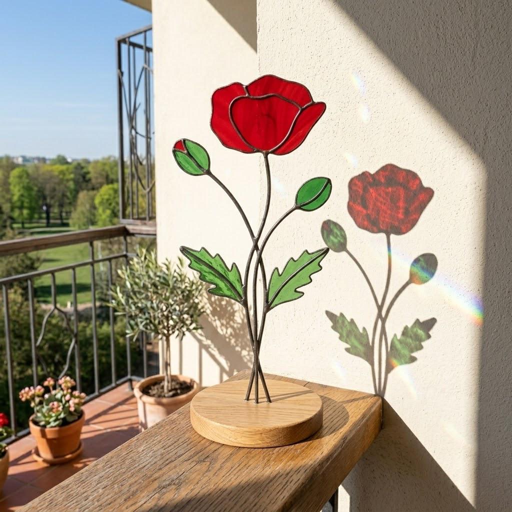 August Birth Flower Red Poppy Stained Glass Personalized Mother's Day Gift Custom Engraved Wood Base Remembrance Floral Window Decor.