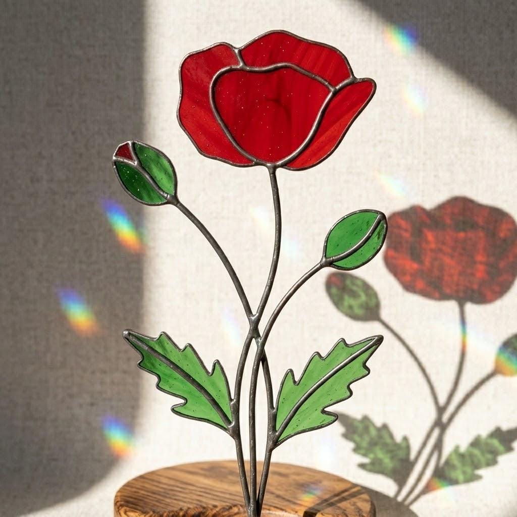 August Birth Flower Red Poppy Stained Glass Personalized Mother's Day Gift Custom Engraved Wood Base Remembrance Floral Window Decor.