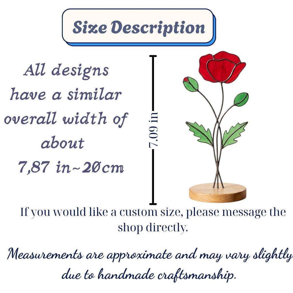 August Birth Flower Red Poppy Stained Glass Personalized Mother's Day Gift Custom Engraved Wood Base Remembrance Floral Window Decor.