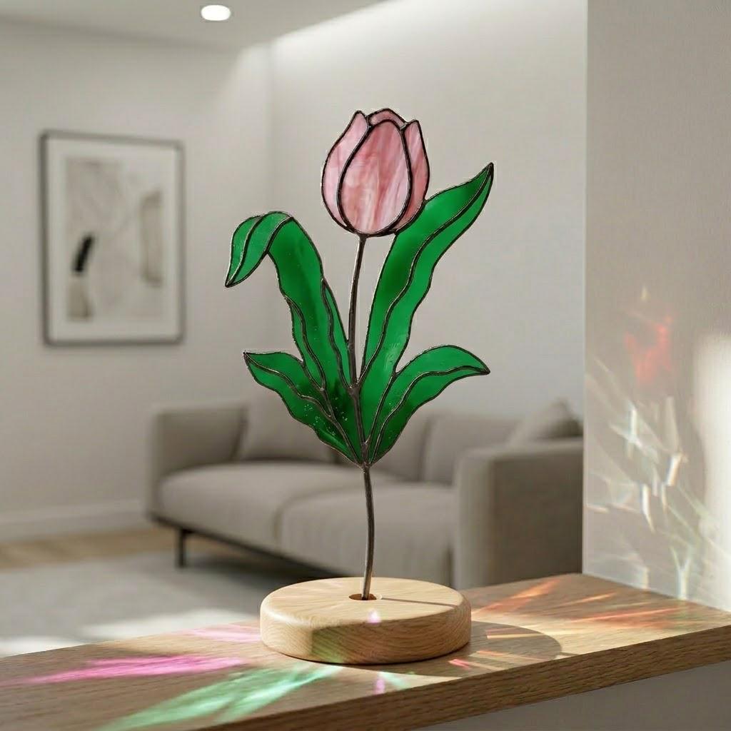 April Birth Flower Tulip Stained Glass Personalized Mother's Day Gift Custom Engraved Wood Base Botanical Spring Wildflower Art Decor