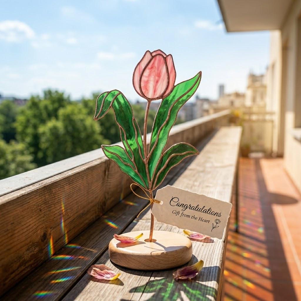 April Birth Flower Tulip Stained Glass Personalized Mother's Day Gift Custom Engraved Wood Base Botanical Spring Wildflower Art Decor