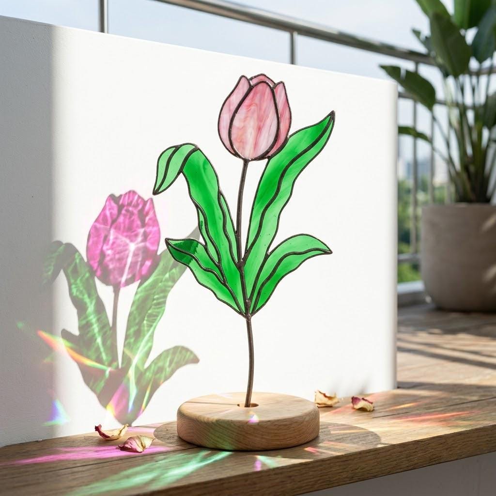 April Birth Flower Tulip Stained Glass Personalized Mother's Day Gift Custom Engraved Wood Base Botanical Spring Wildflower Art Decor