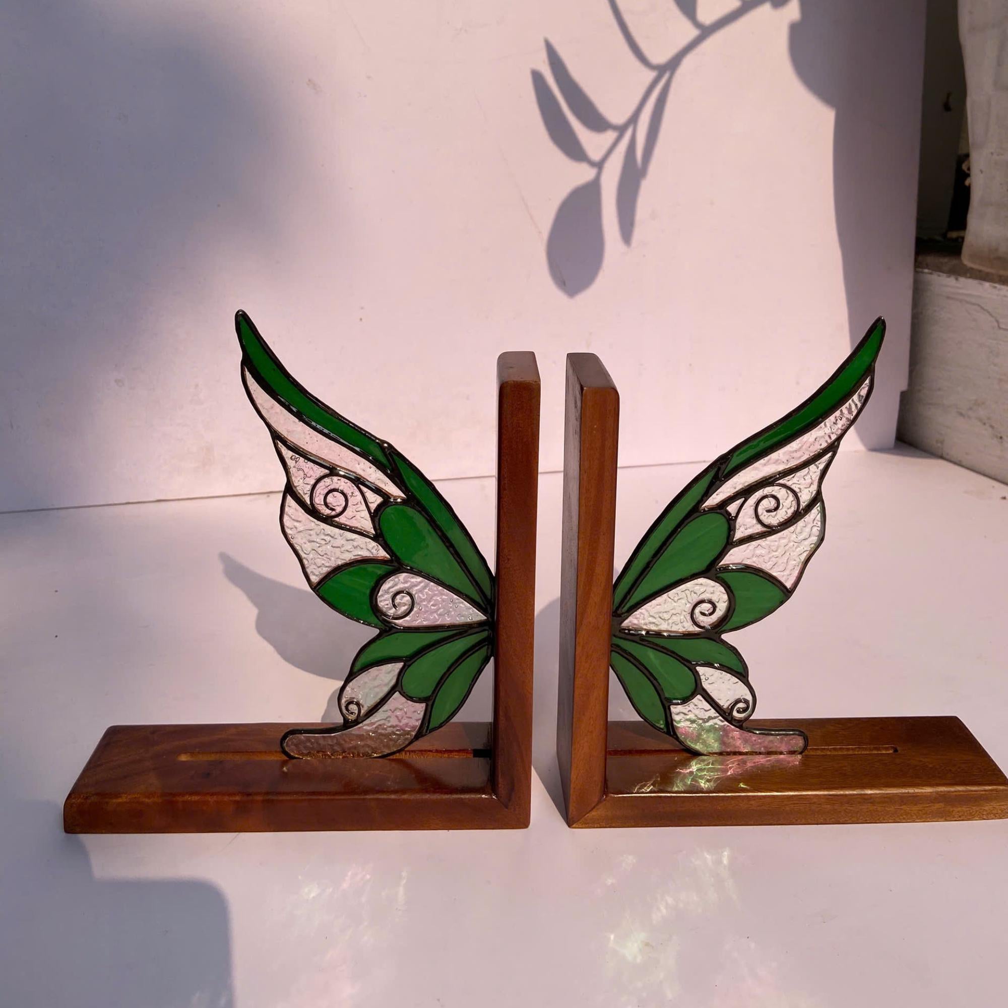 Stained Glass Fairy Wing Bookends Fairycore Room Decor Fantasy Book Lover Gift Green Woodland Elf Shelf Decor Magical Wood Base