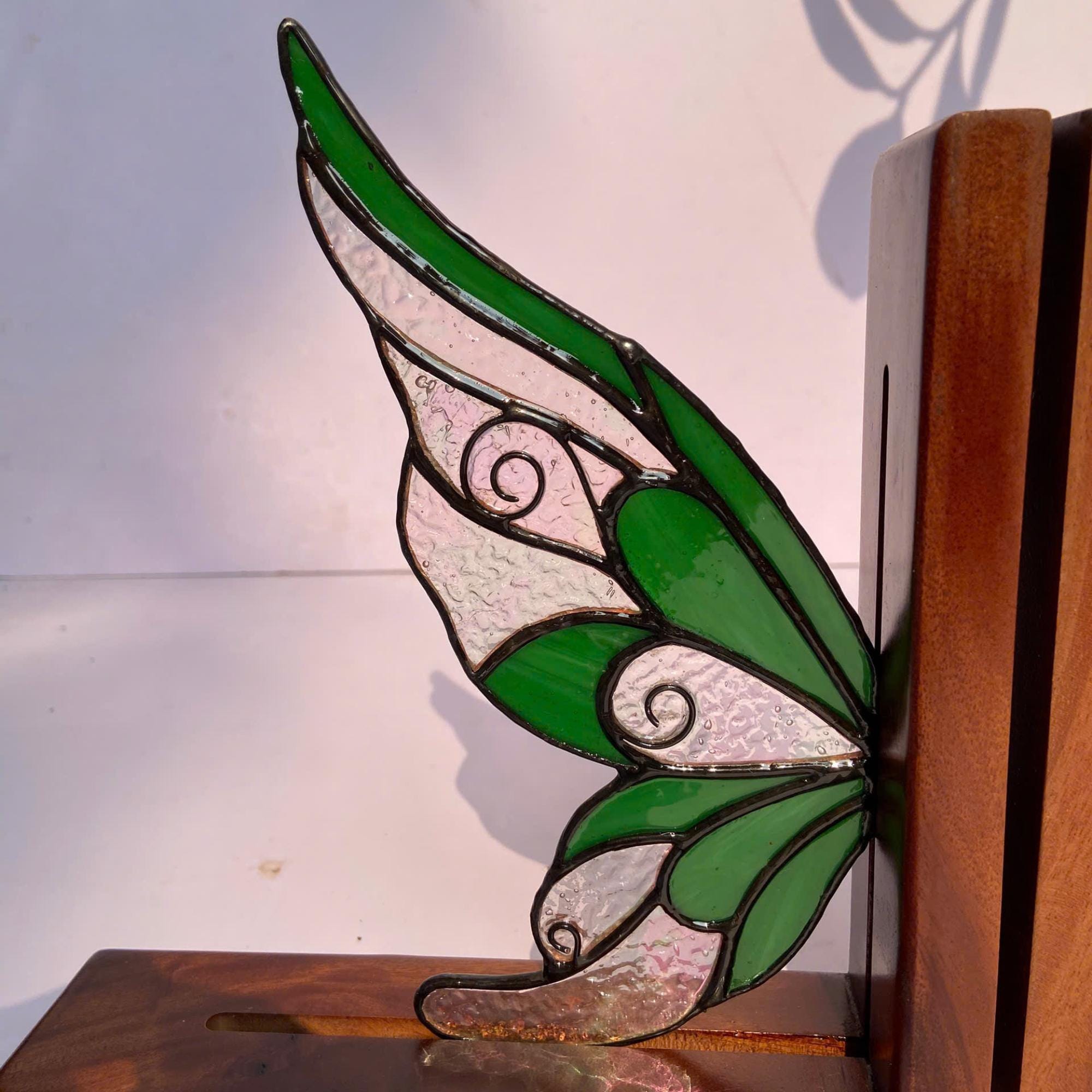 Stained Glass Fairy Wing Bookends Fairycore Room Decor Fantasy Book Lover Gift Green Woodland Elf Shelf Decor Magical Wood Base