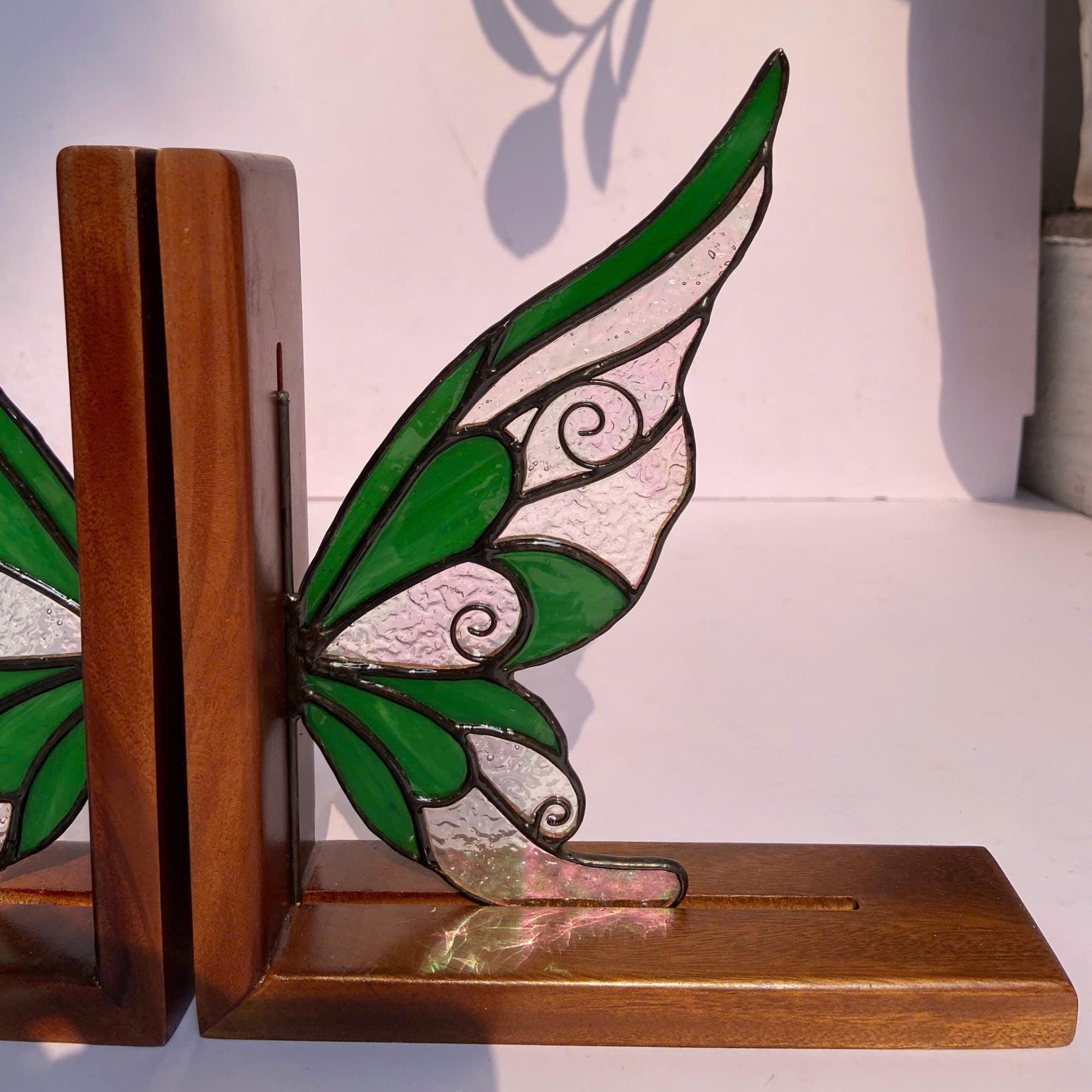 Stained Glass Fairy Wing Bookends Fairycore Room Decor Fantasy Book Lover Gift Green Woodland Elf Shelf Decor Magical Wood Base