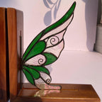 Stained Glass Fairy Wing Bookends Fairycore Room Decor Fantasy Book Lover Gift Green Woodland Elf Shelf Decor Magical Wood Base