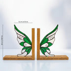 Stained Glass Fairy Wing Bookends Fairycore Room Decor Fantasy Book Lover Gift Green Woodland Elf Shelf Decor Magical Wood Base