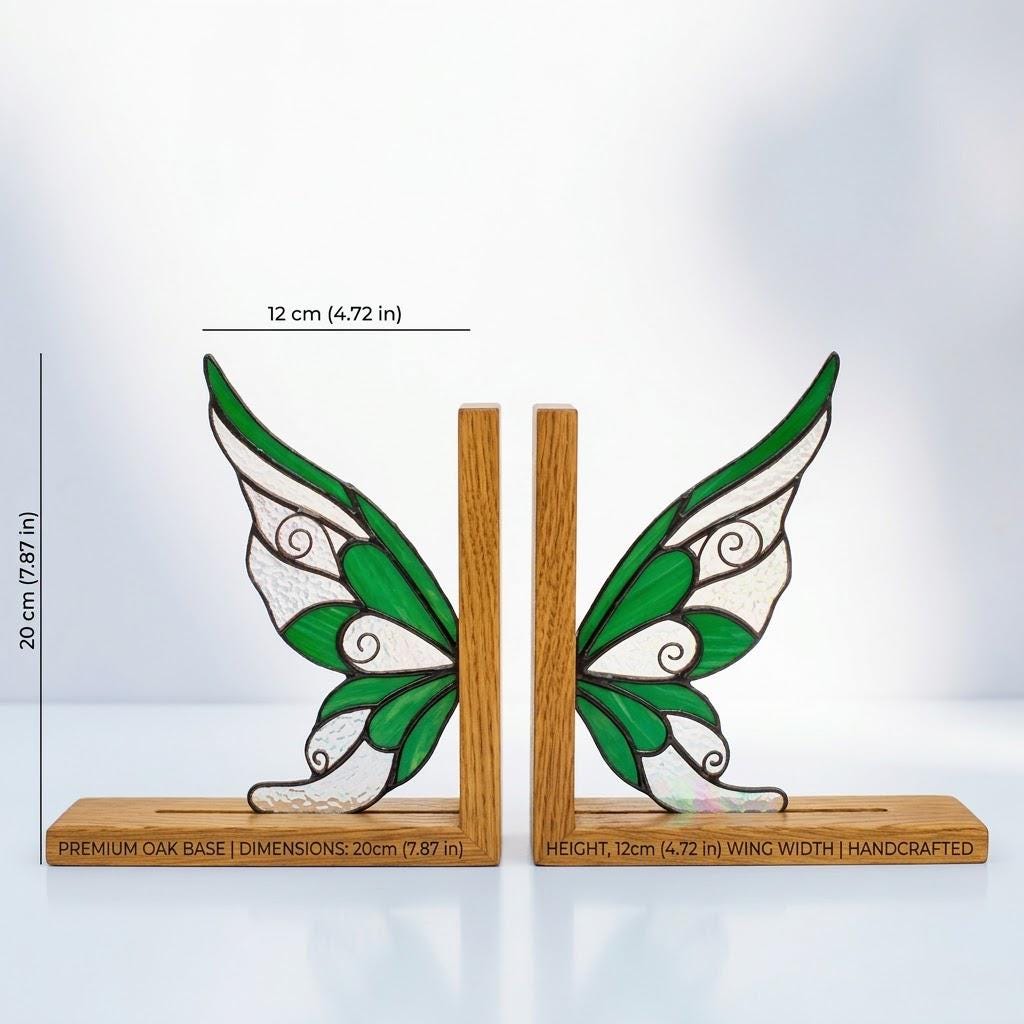 Stained Glass Fairy Wing Bookends Fairycore Room Decor Fantasy Book Lover Gift Green Woodland Elf Shelf Decor Magical Wood Base