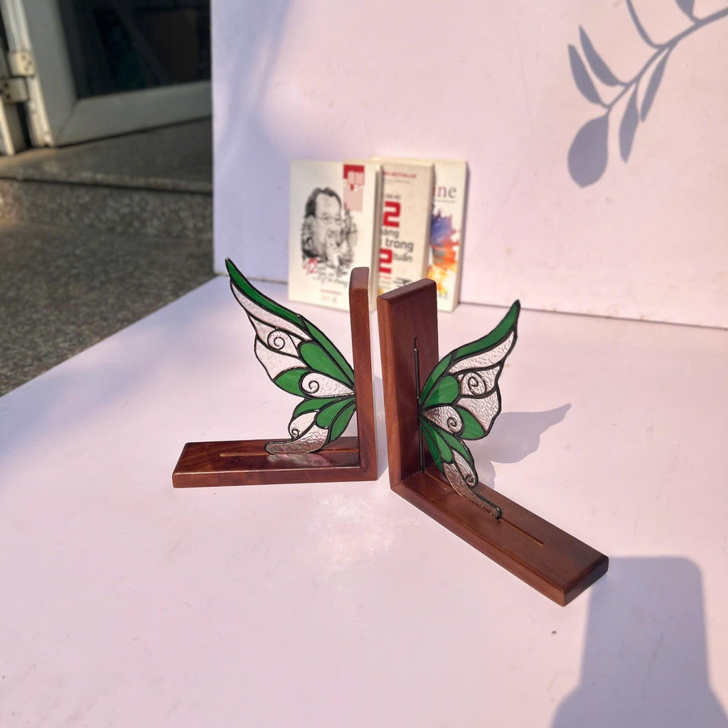 Stained Glass Fairy Wing Bookends Fairycore Room Decor Fantasy Book Lover Gift Green Woodland Elf Shelf Decor Magical Wood Base