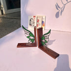 Stained Glass Fairy Wing Bookends Fairycore Room Decor Fantasy Book Lover Gift Green Woodland Elf Shelf Decor Magical Wood Base