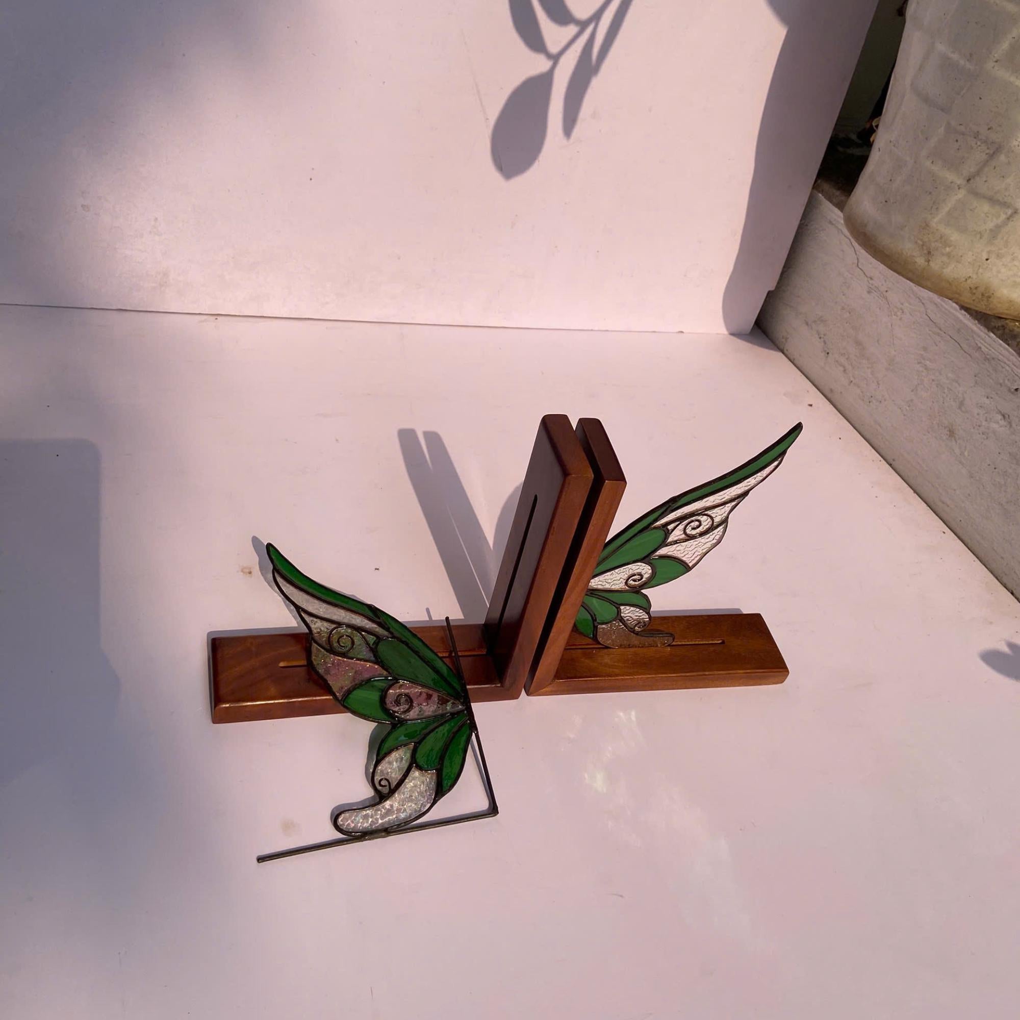 Stained Glass Fairy Wing Bookends Fairycore Room Decor Fantasy Book Lover Gift Green Woodland Elf Shelf Decor Magical Wood Base