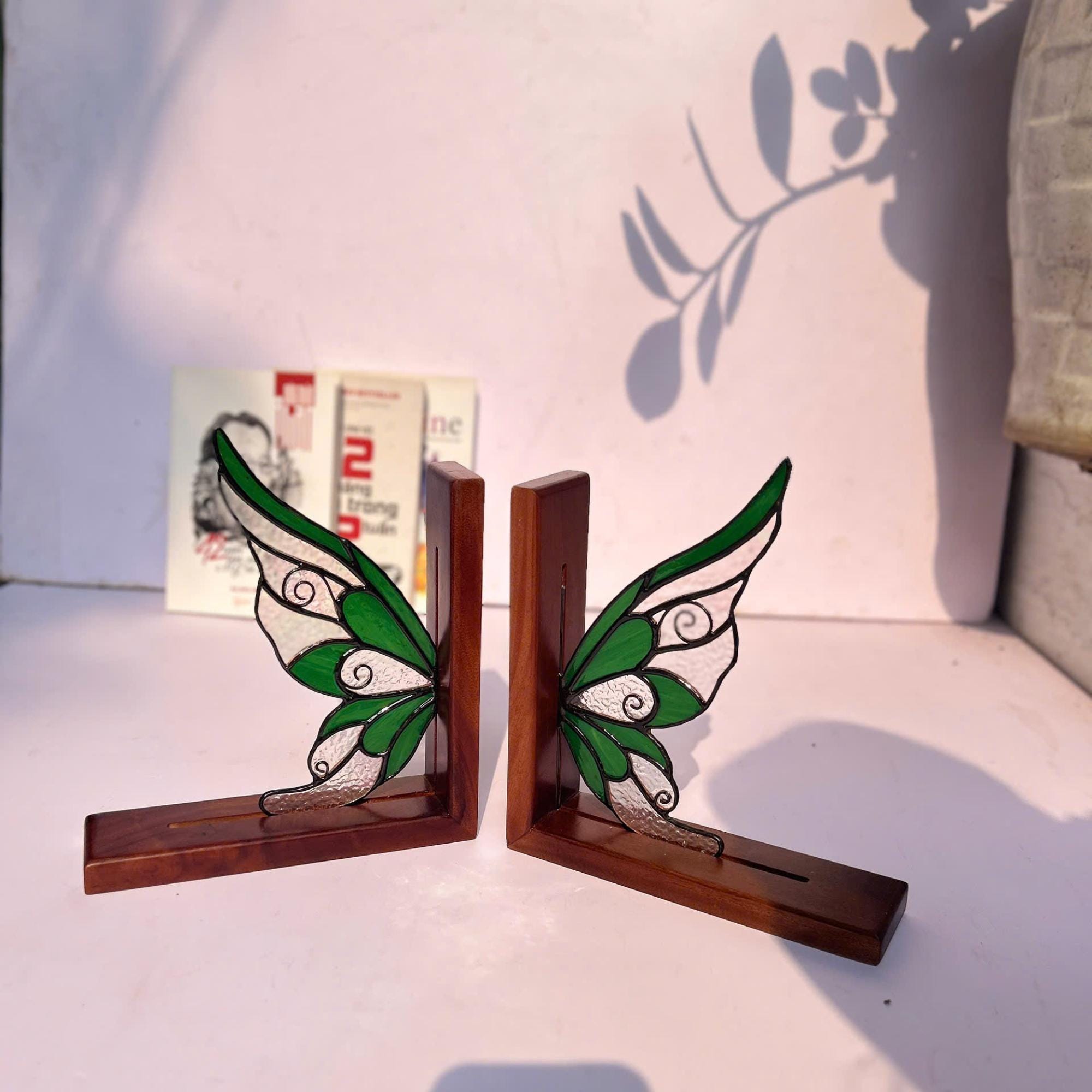 Stained Glass Fairy Wing Bookends Fairycore Room Decor Fantasy Book Lover Gift Green Woodland Elf Shelf Decor Magical Wood Base