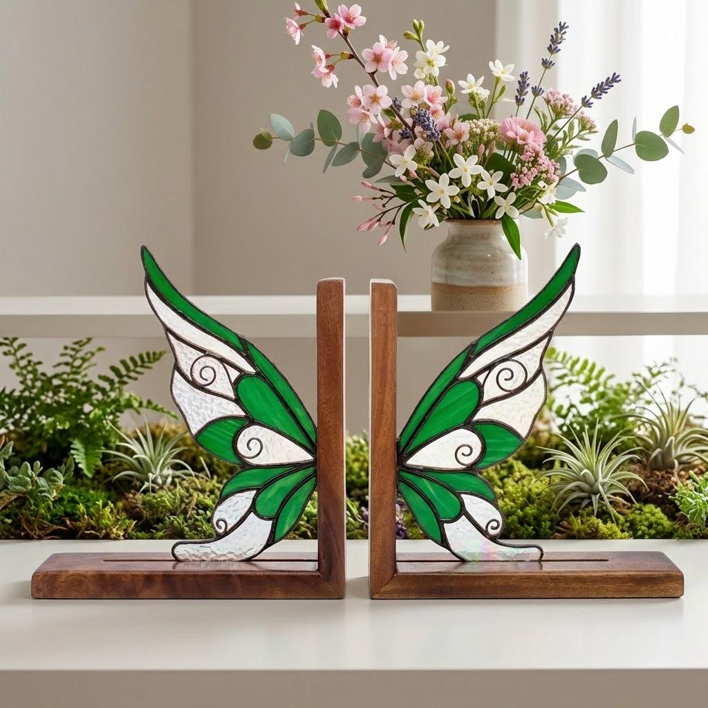 Stained Glass Fairy Wing Bookends Fairycore Room Decor Fantasy Book Lover Gift Green Woodland Elf Shelf Decor Magical Wood Base