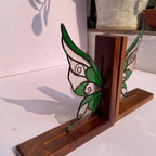 Stained Glass Fairy Wing Bookends Fairycore Room Decor Fantasy Book Lover Gift Green Woodland Elf Shelf Decor Magical Wood Base