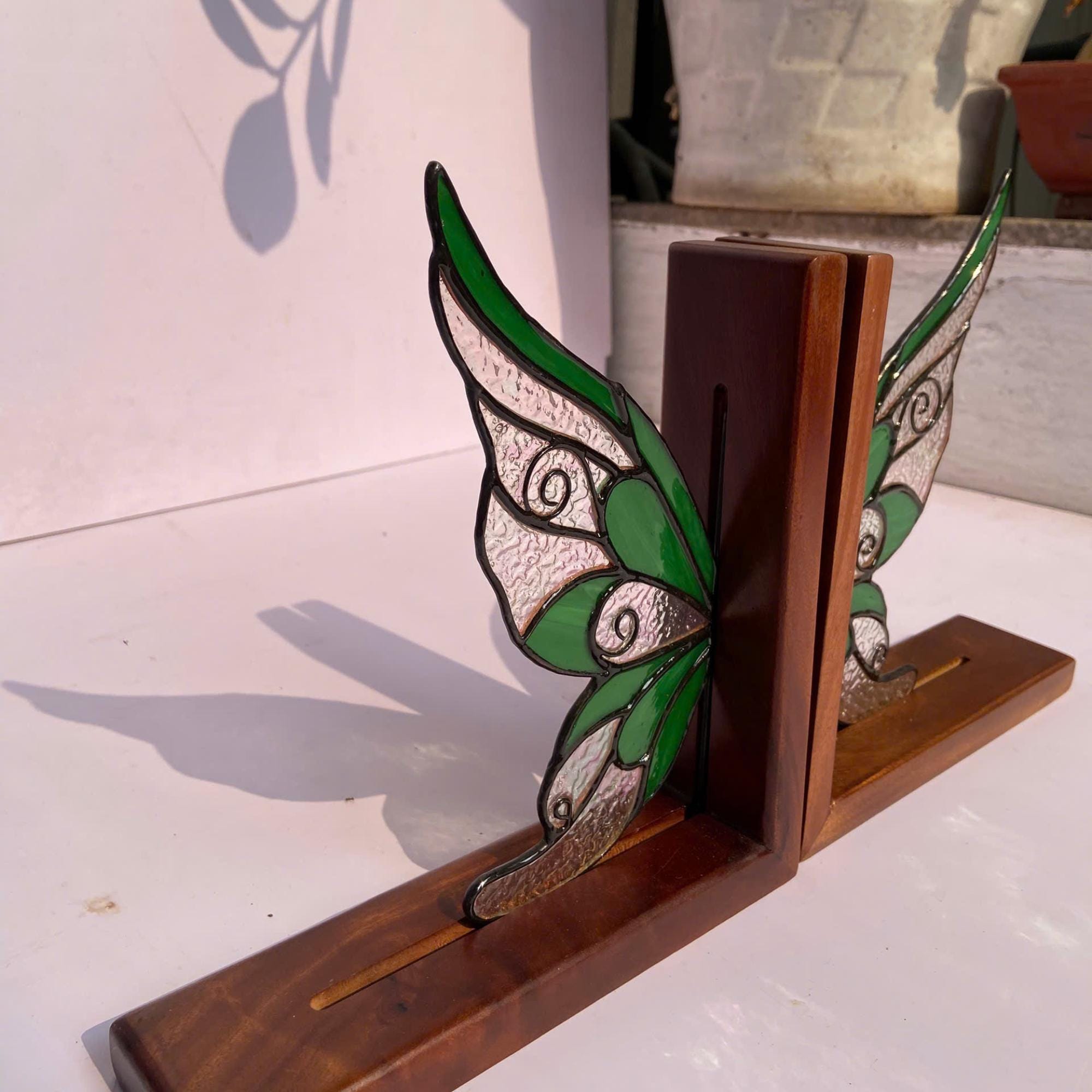 Stained Glass Fairy Wing Bookends Fairycore Room Decor Fantasy Book Lover Gift Green Woodland Elf Shelf Decor Magical Wood Base