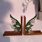 Stained Glass Fairy Wing Bookends Fairycore Room Decor Fantasy Book Lover Gift Green Woodland Elf Shelf Decor Magical Wood Base