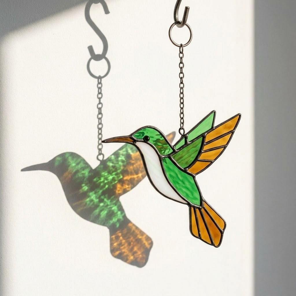 Handmade stained glass hummingbird suncatchers in colorful blue green red purple and yellow, vibrant spring window hanging and meaningful mother's day memorial gift.