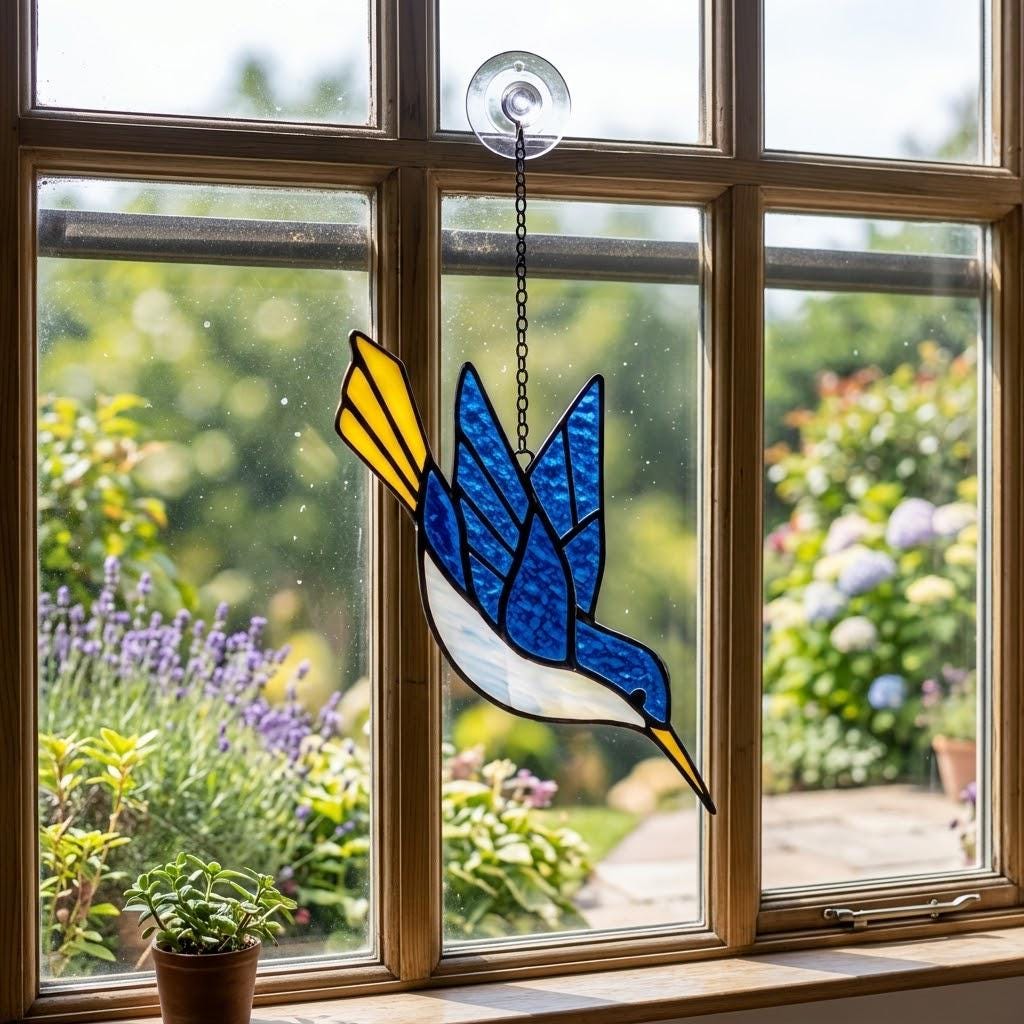 Handmade stained glass hummingbird suncatchers in colorful blue green red purple and yellow, vibrant spring window hanging and meaningful mother's day memorial gift.