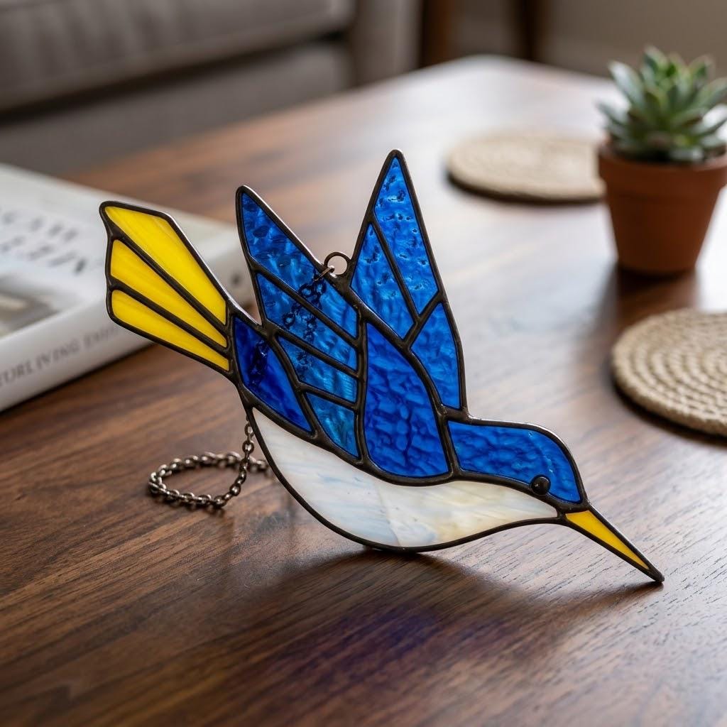 Handmade stained glass hummingbird suncatchers in colorful blue green red purple and yellow, vibrant spring window hanging and meaningful mother's day memorial gift.
