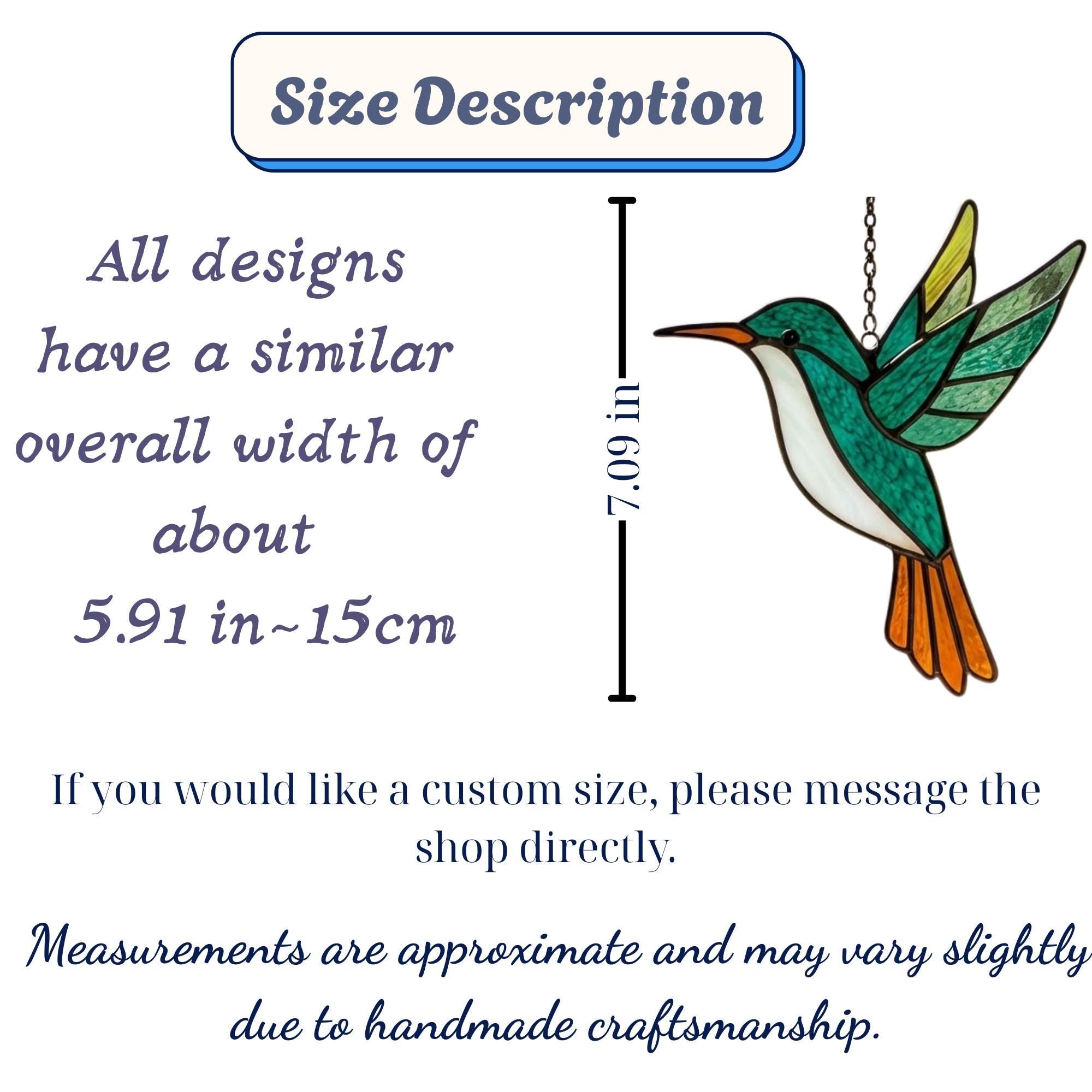 Handmade stained glass hummingbird suncatchers in colorful blue green red purple and yellow, vibrant spring window hanging and meaningful mother's day memorial gift.